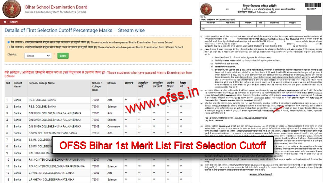 OFSS Bihar 1st Merit List First Selection Cutoff