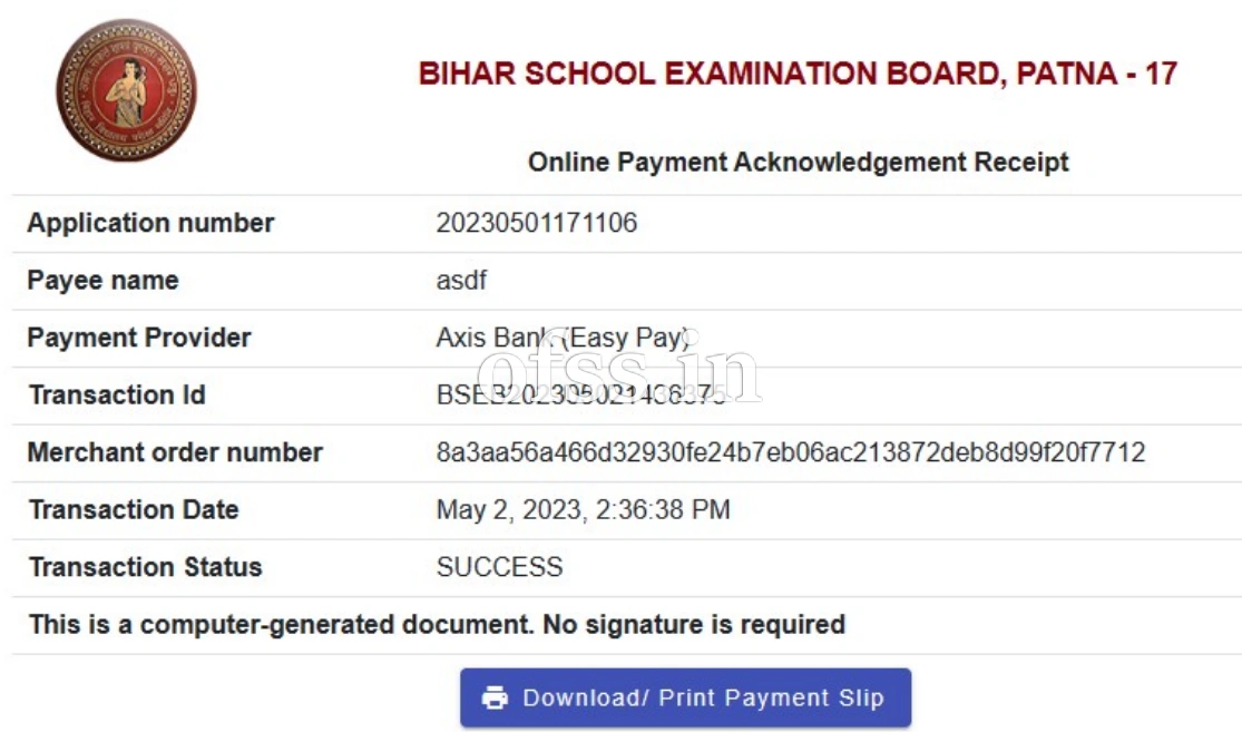 OFSS Bihar 11th Payment Final Page