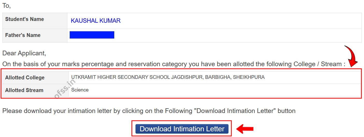 BSEB OFSS Bihar 1st Merit List 2025 First 11th Admission Ofssbihar.net 4 BSEB 11th merit list intimation letter printout